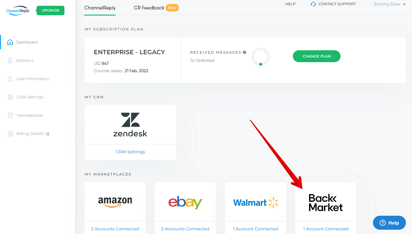 Connected Back Market Accounts on the ChannelReply Dashboard