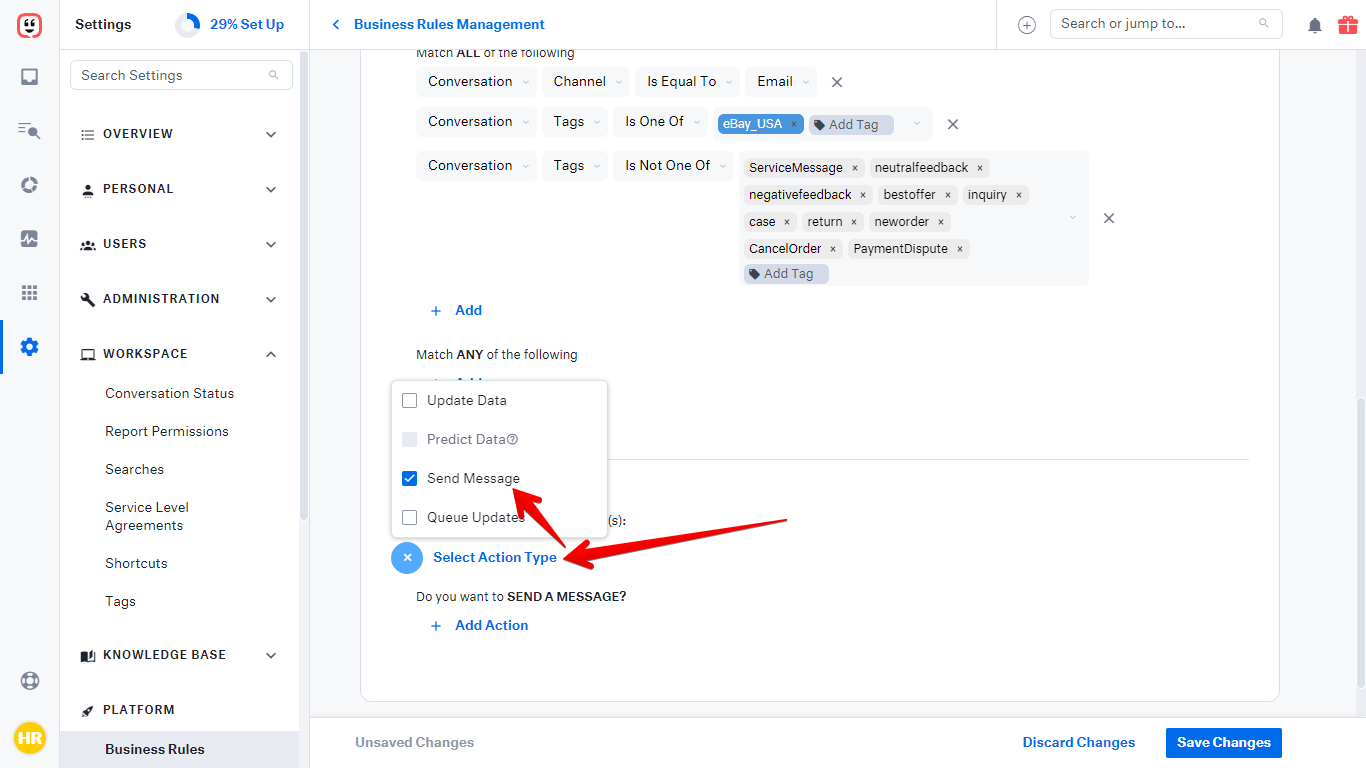 Select Action Type option selected with Send Message checkbox ticked
