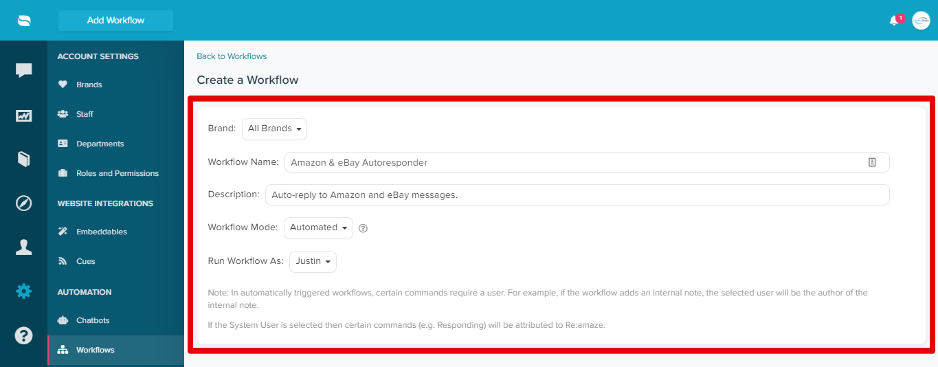 Autoresponder Workflow Settings for ChannelReply in Re:amaze