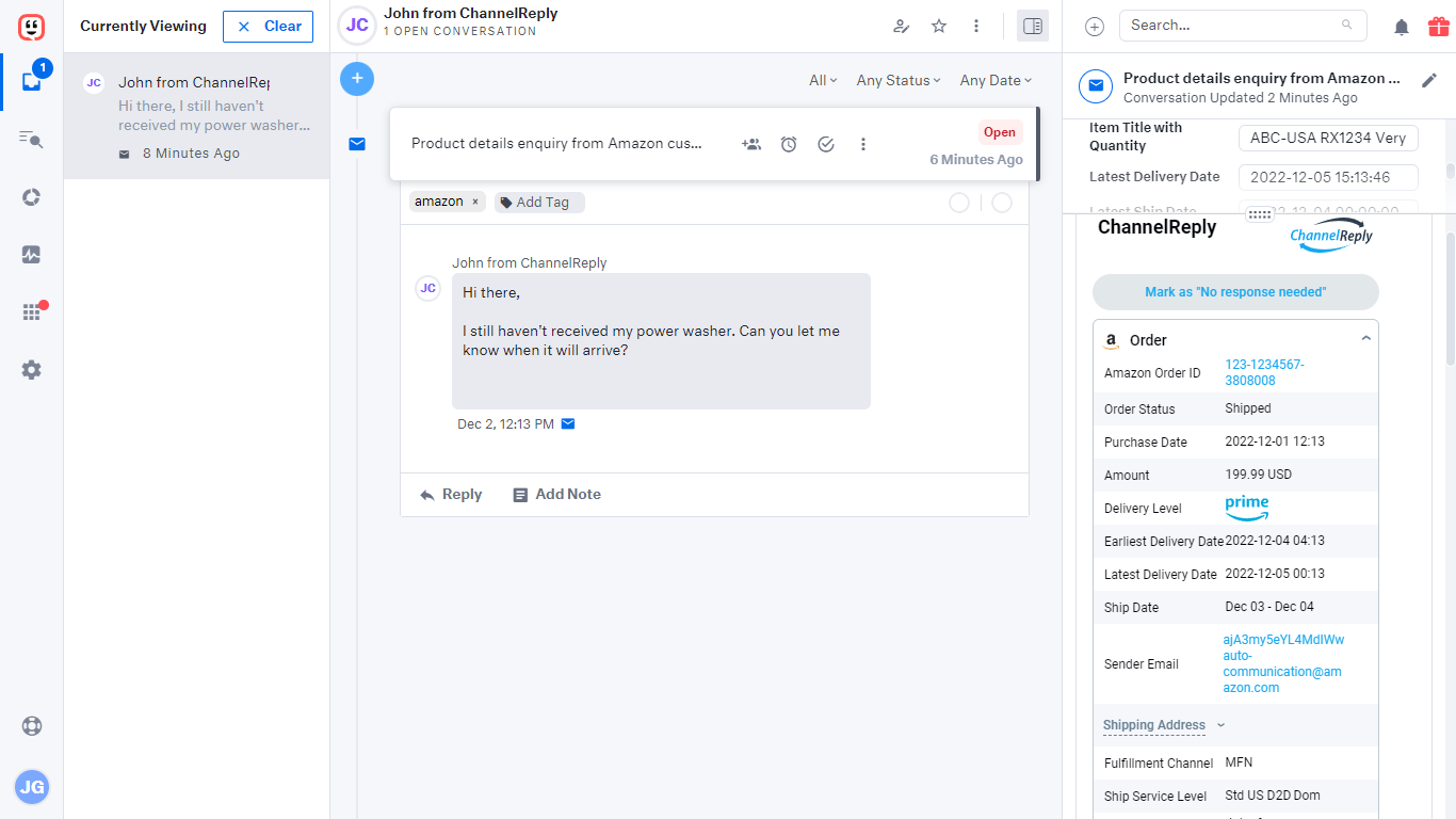An Amazon message in Kustomer with ChannelReply app on the right