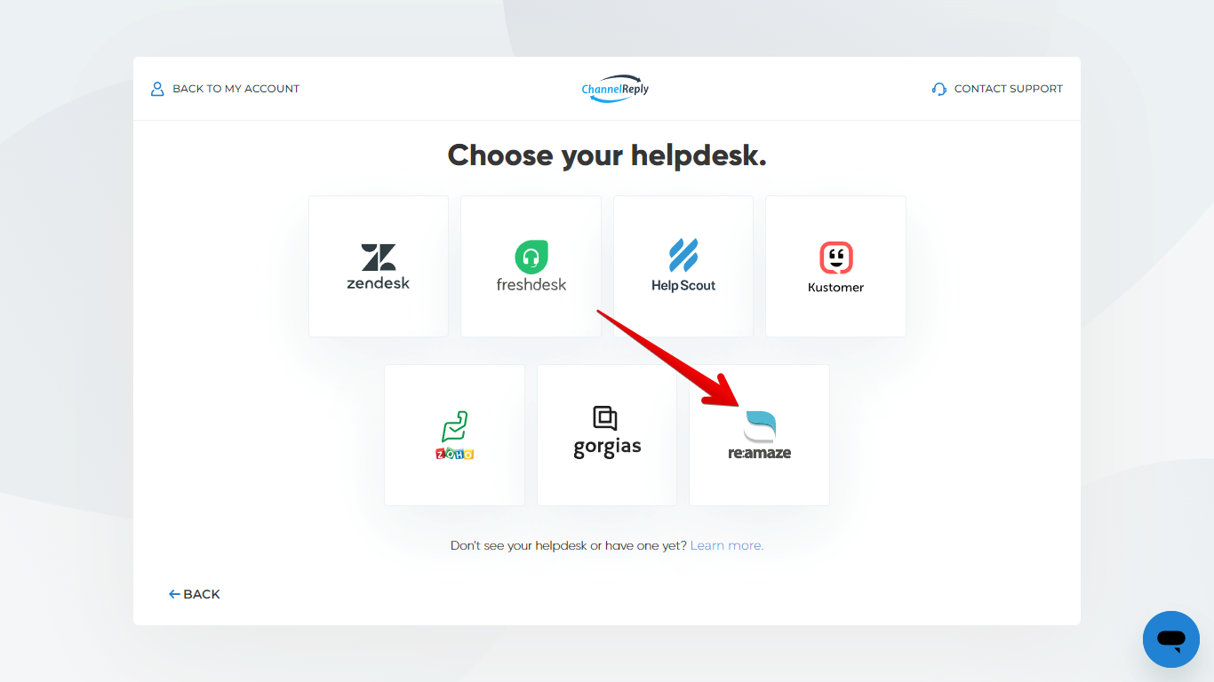 Choosing Re:amaze in ChannelReply Onboarding