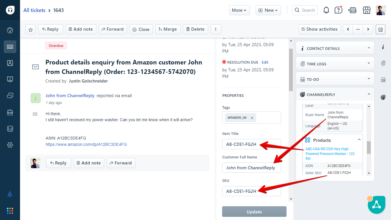 Data Passed from the ChannelReply App to Freshdesk Ticket Properties
