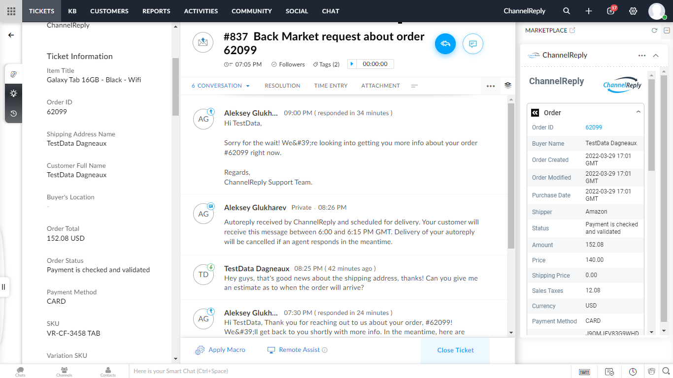 Zoho Desk ticket with different autoreplies sent to the customer's first message and second message