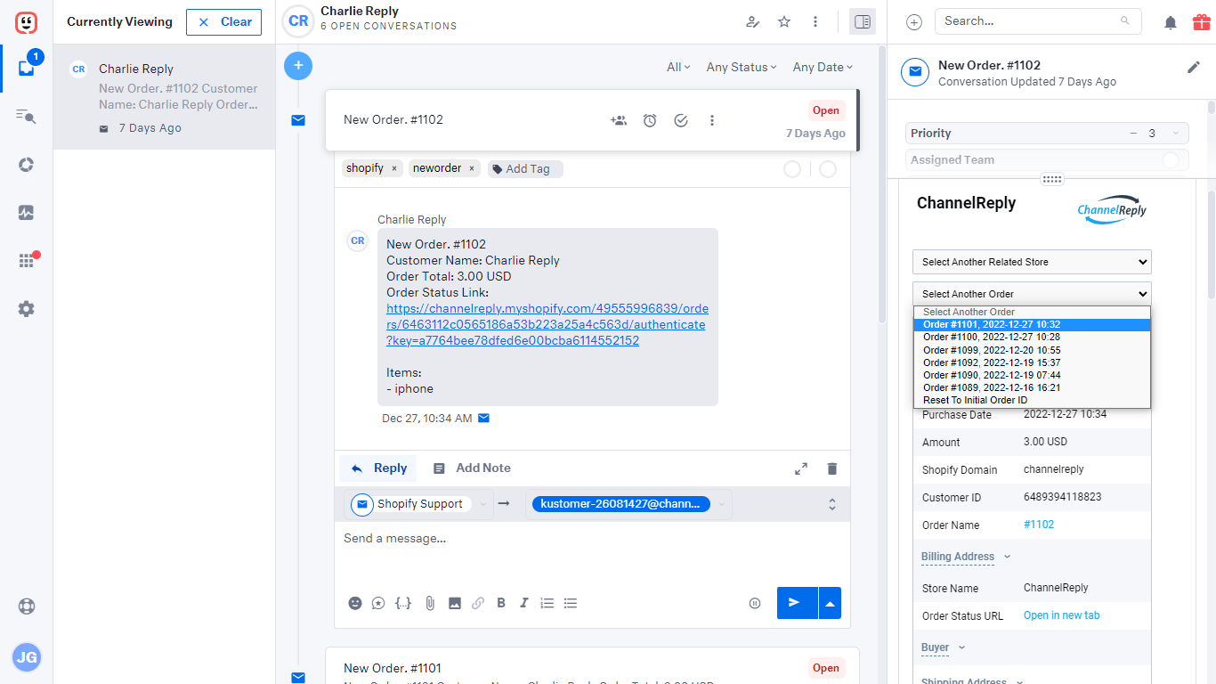 A threaded Shopify conversation in Kustomer