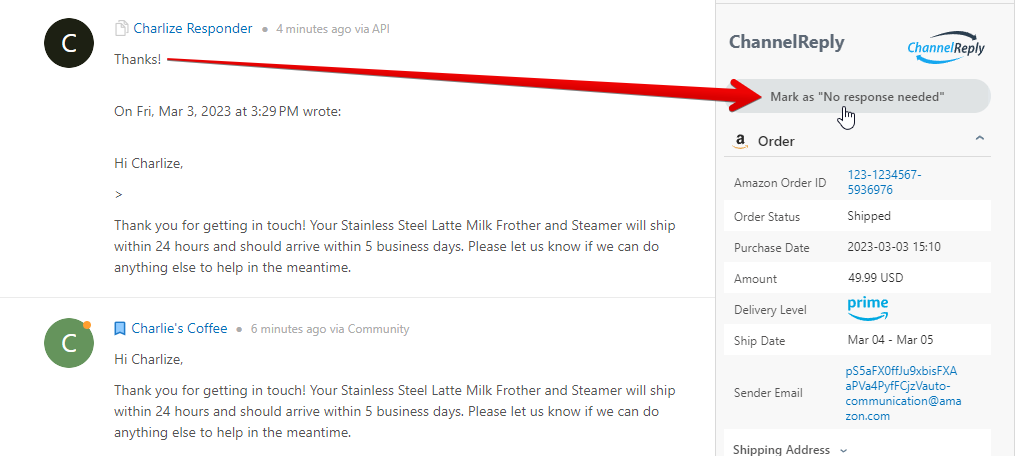 Mark as No Response Needed button in the ChannelReply App