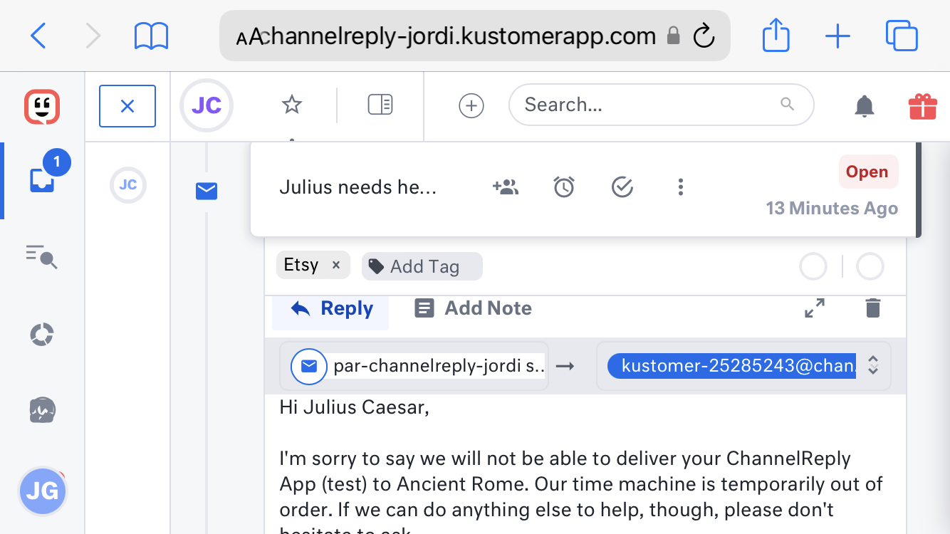A shortcut entered in Kustomer on an Etsy ticket