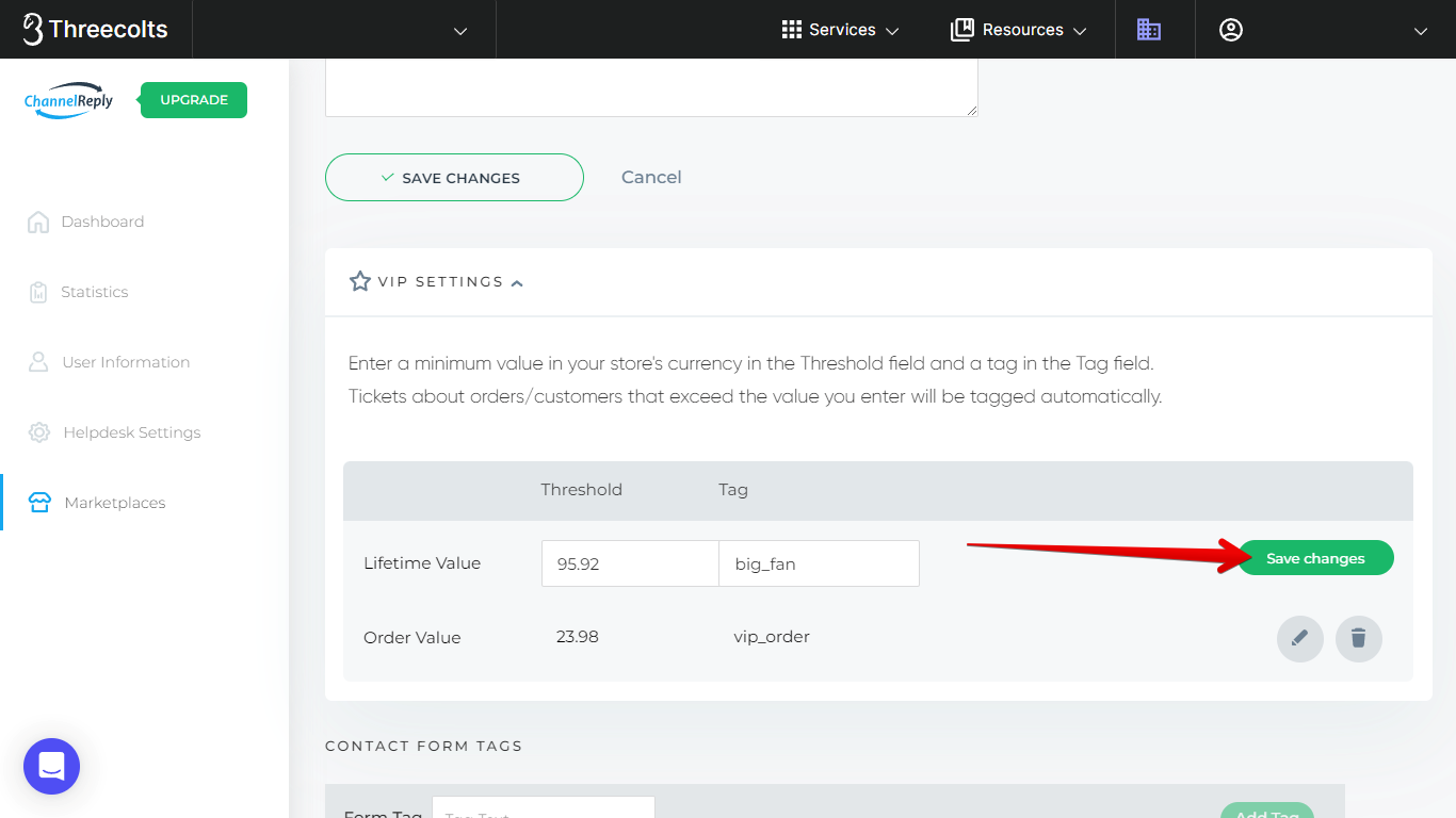 Save Changes button for the Lifetime Value VIP tag