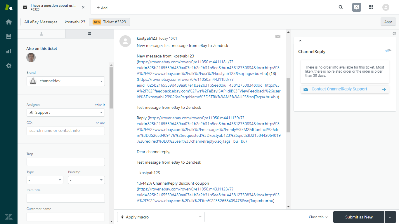 eBay Ticket in Zendesk Without ChannelReply, Screen 1