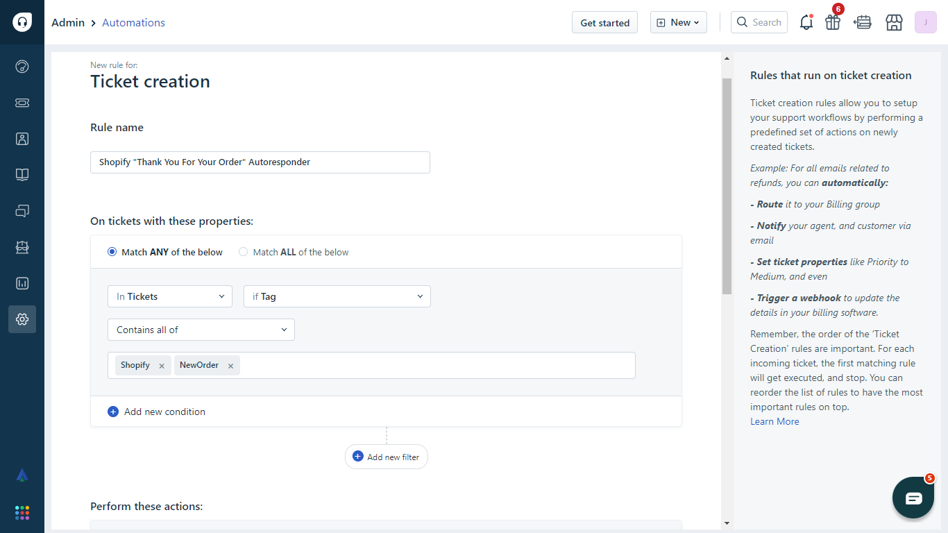 Conditions for a Shopify Thank You for Your Order Autoresponder in Freshdesk
