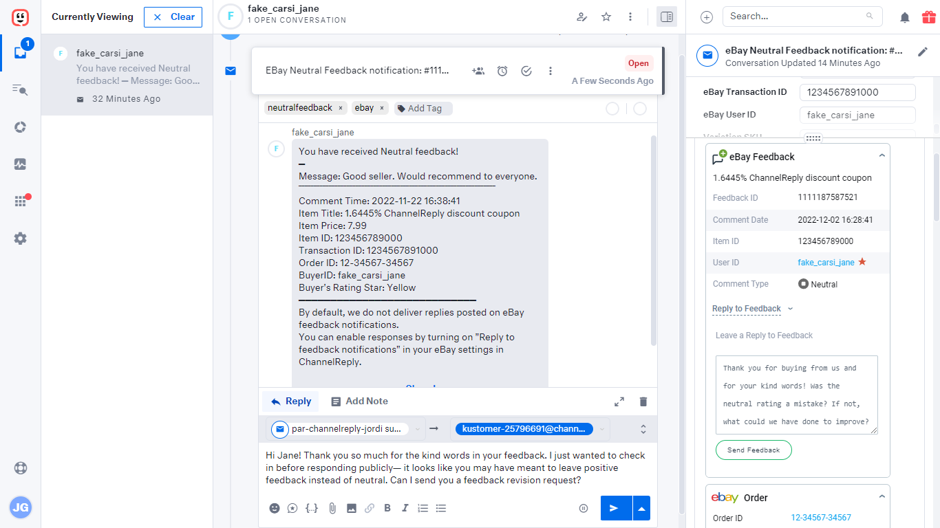 Replying to an eBay feedback notificaiton in Kustomer