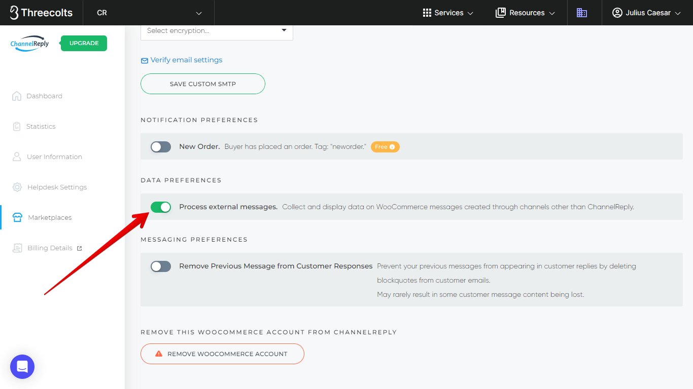 Process External Messages slider enabled