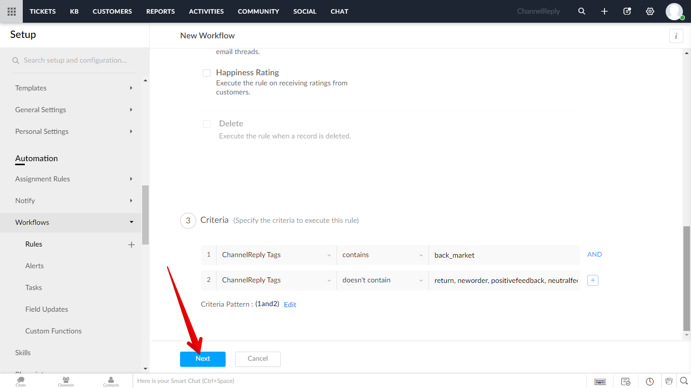 Next button after recommended ChannelReply Tags settings have been configured