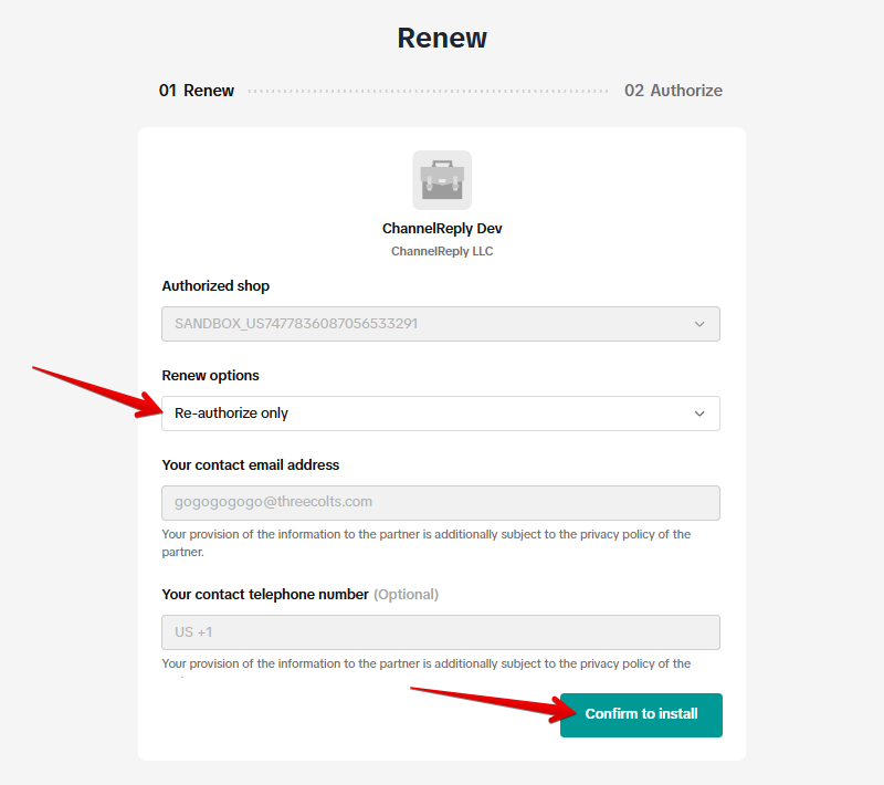 Renew Options dropdown and Confirm to Install button on ChannelReply reautorization form on TikTok