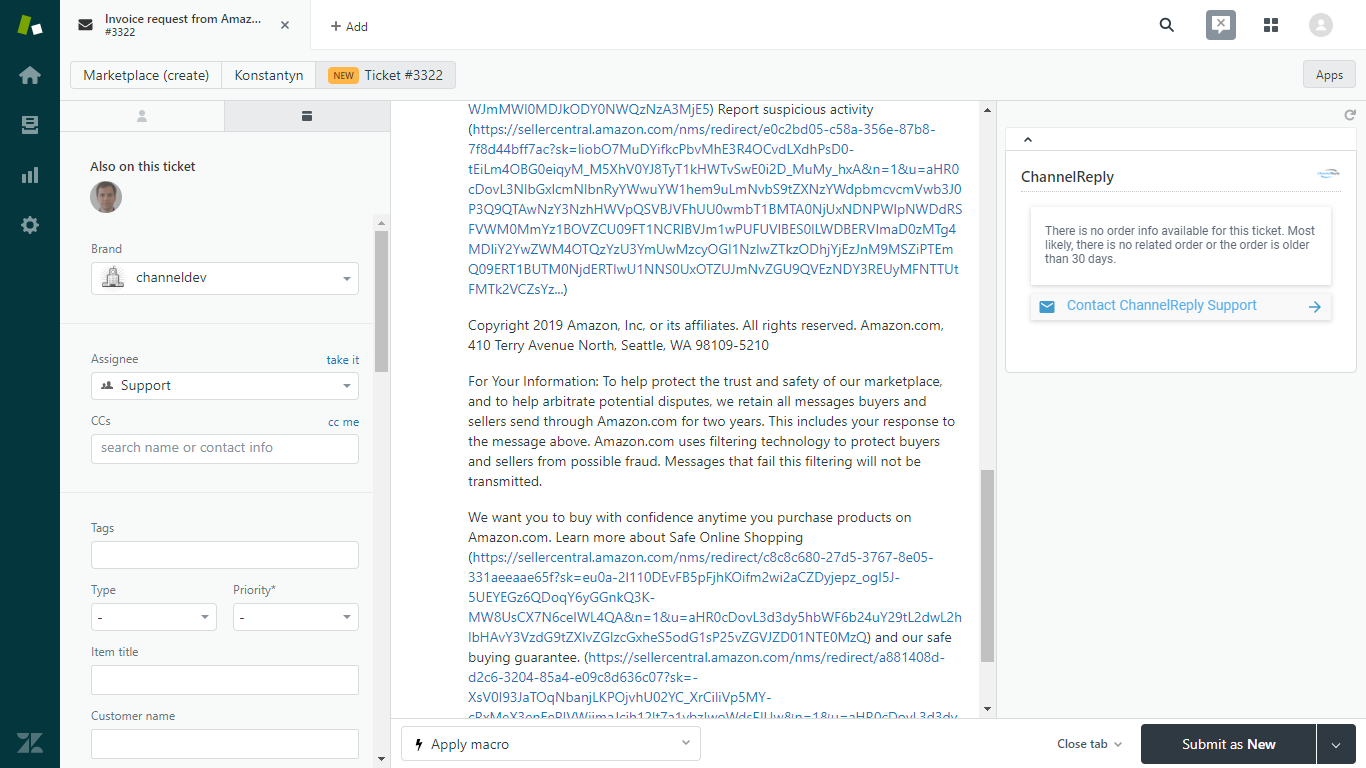 Amazon Ticket in Zendesk Without ChannelReply, Screen 2