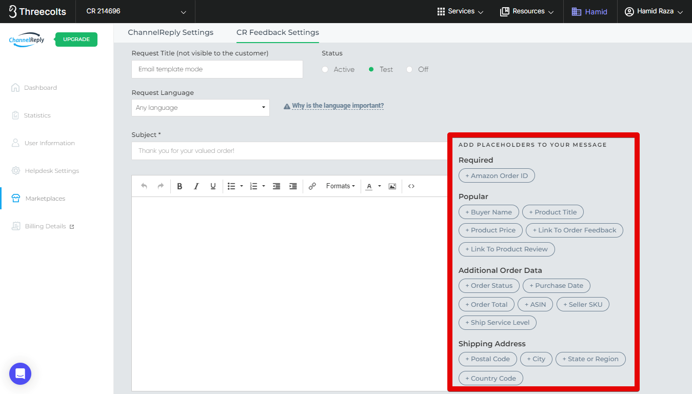 Add Placeholders to Your Message Amazon