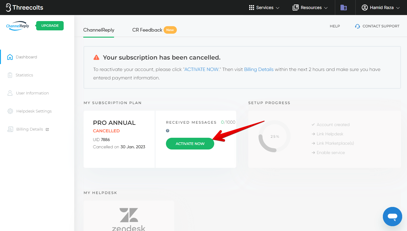Activate Now button in ChannelReply account