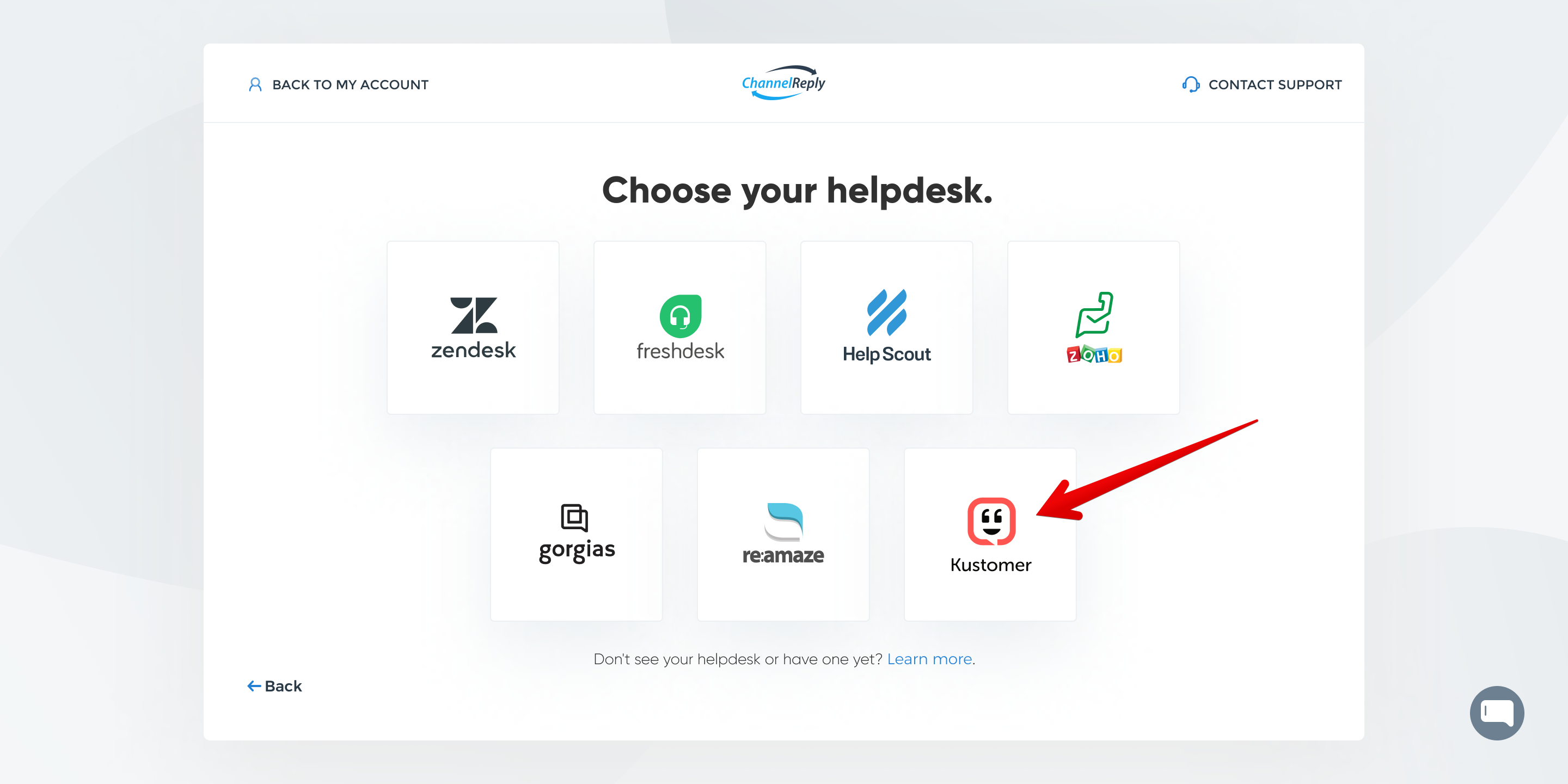 Kustomer option on the list of ChannelReply-helpdesk integrations