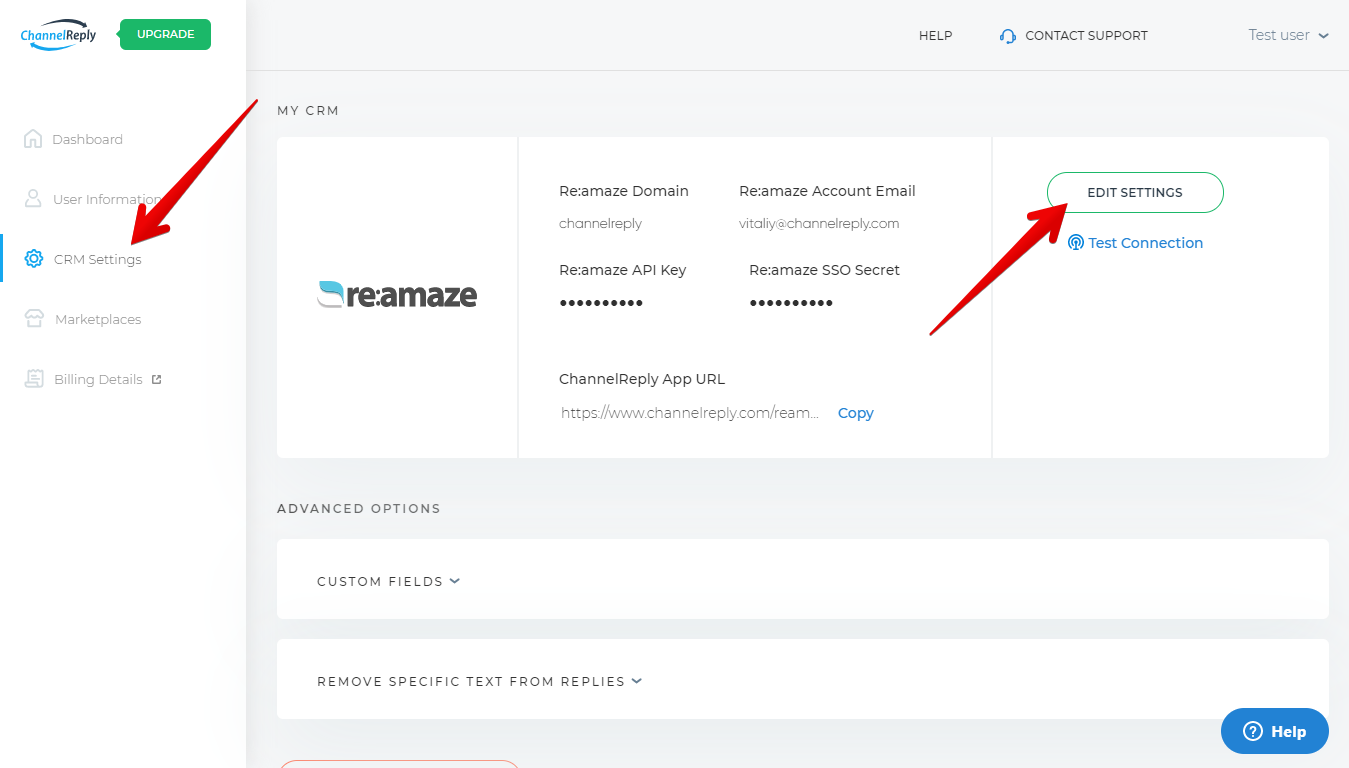 Edit Settings Button for a Re:amaze Account in ChannelReply