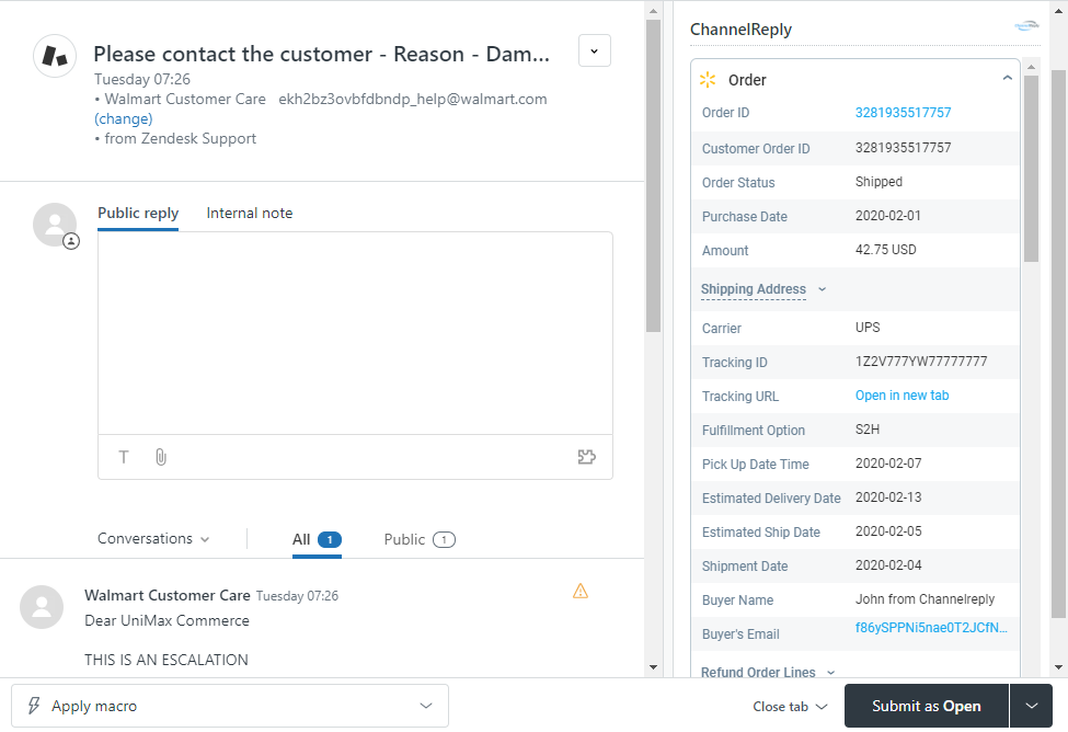 The ChannelReply App for Zendesk on a Walmart Ticket
