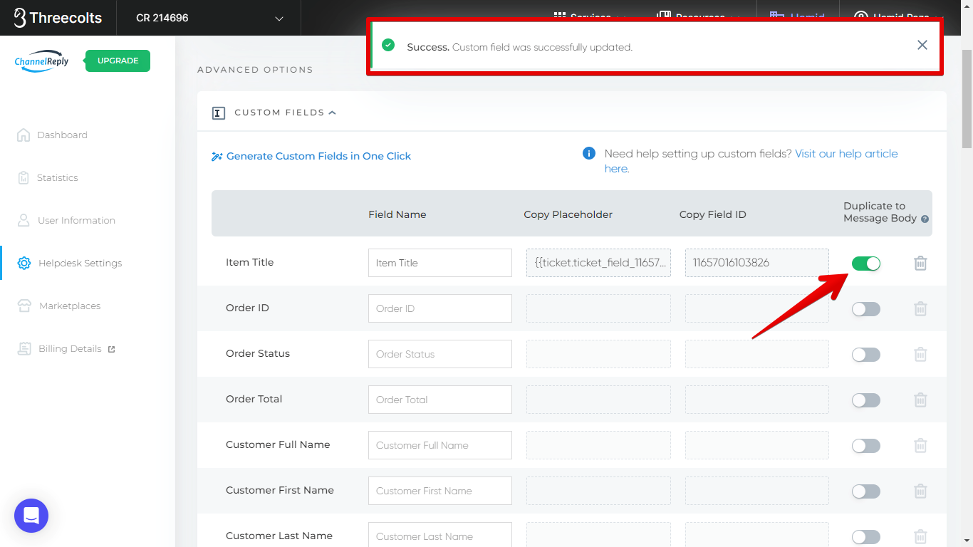 Enabling "Duplicate to Message Body"
