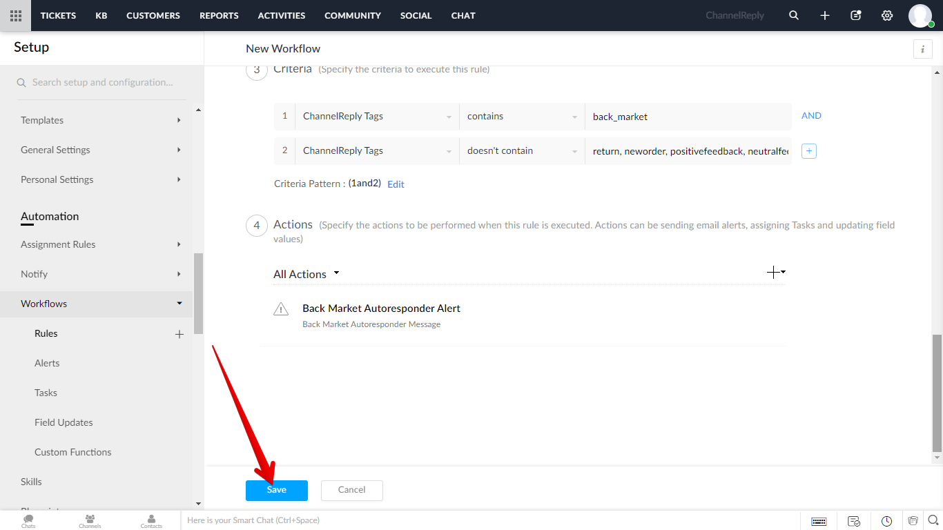 Save button on finalized autoresponder worfklow
