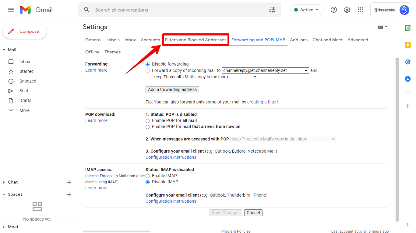Filters and Blocked Addresses tab