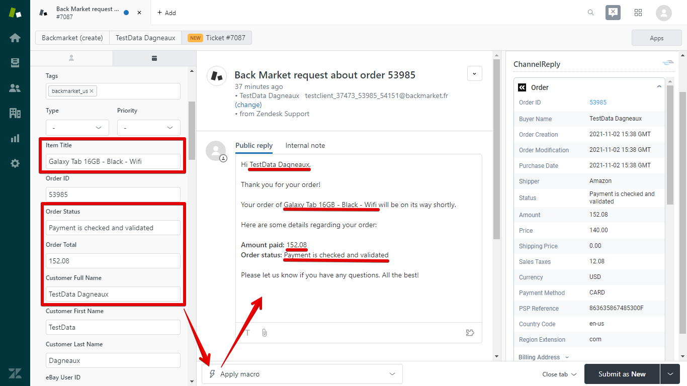 Zendesk macro applied on a Back Market ticket