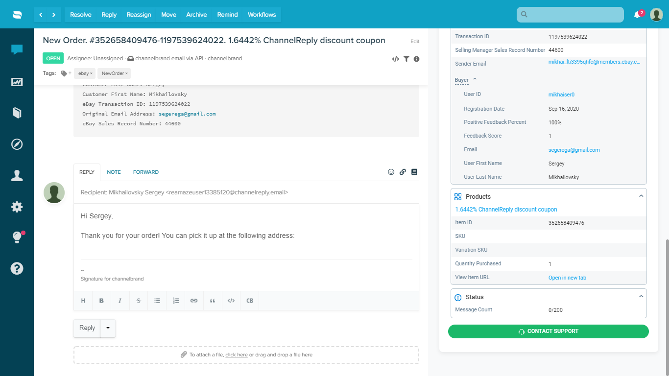 Replying to an eBay New Order Notification in Re:amaze with ChannelReply