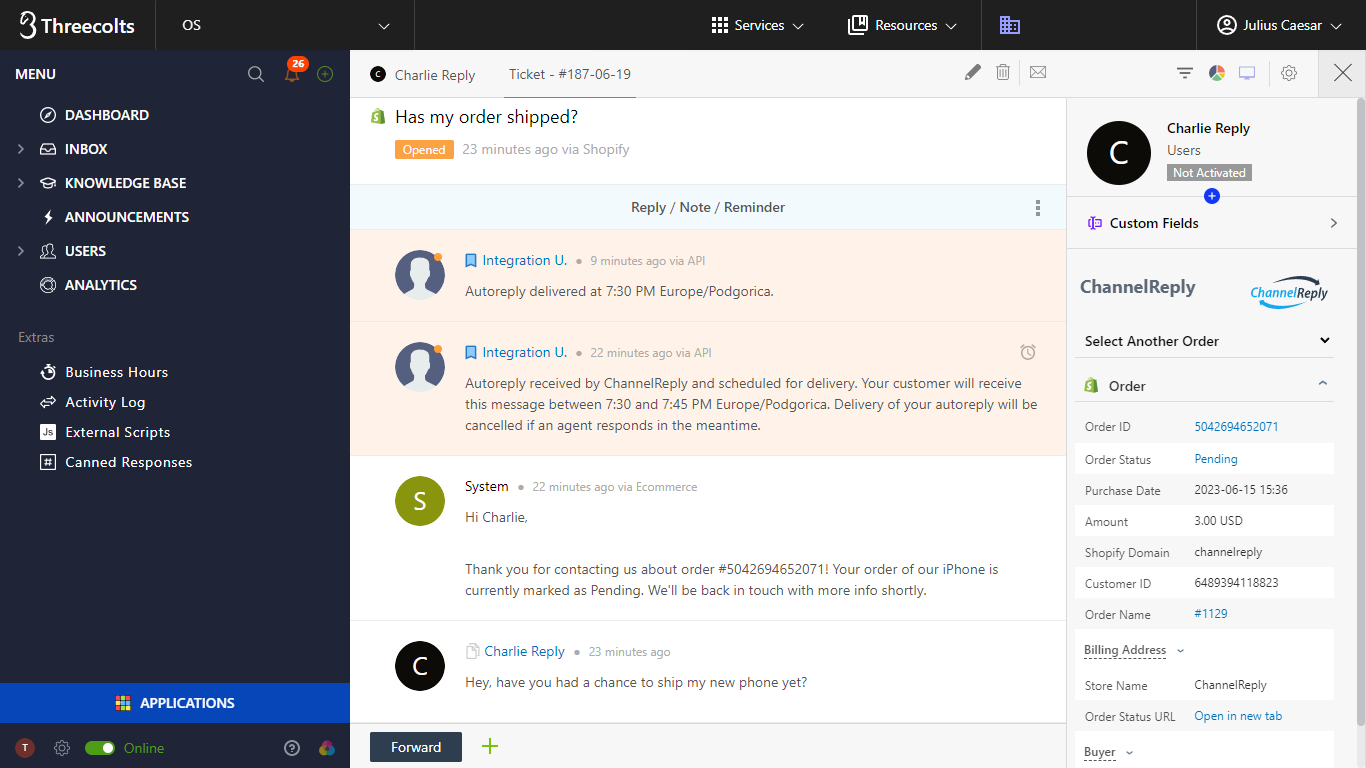 ChannelReply Autoresponse on a Shopify Ticket in Onsite