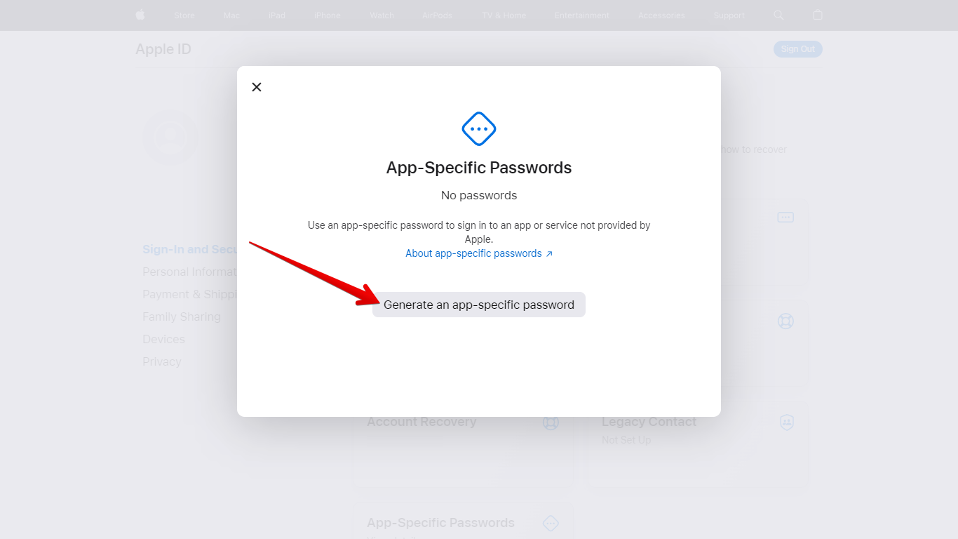 Generate an App-Specific Password Button