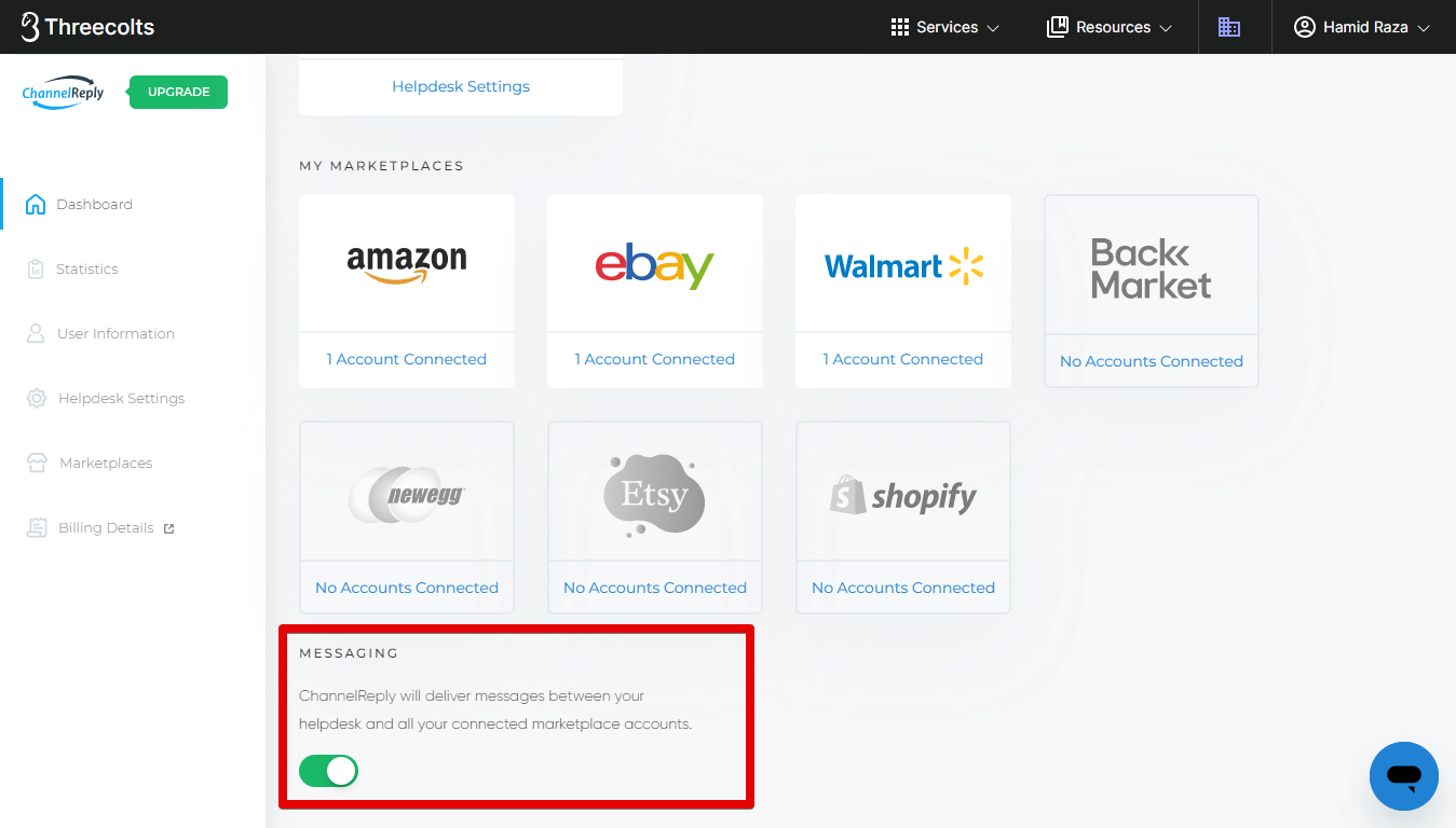Messaging Setting on the ChannelReply Dashboard