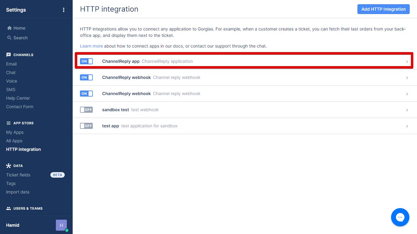 Widget Management Screen for the ChannelReply Gorgias App