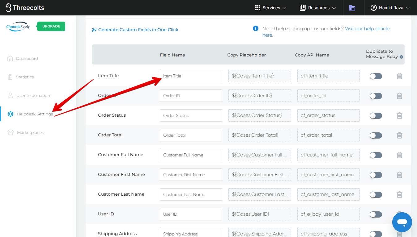 Custom field titles in ChannelReply's Helpdesk Settings