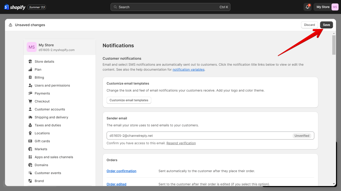 Sender Email Updated and Save Button in Shopify