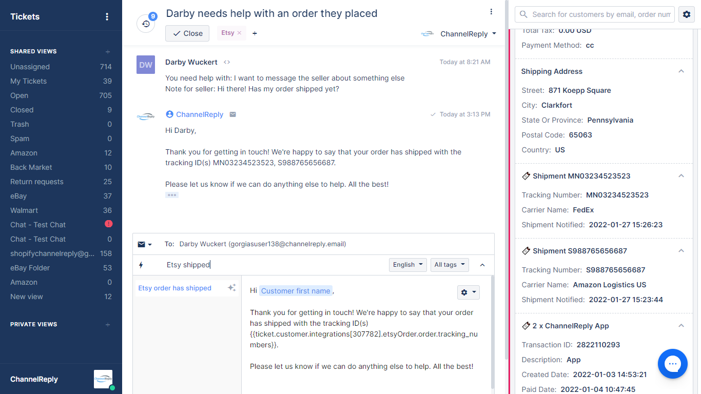 Email conversation with an Etsy customer in Gorgias with ChannelReply