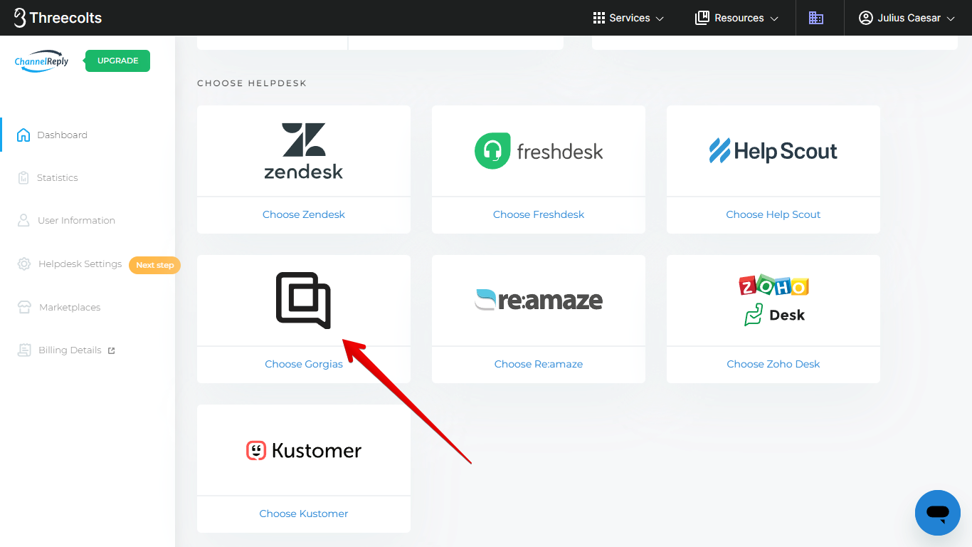 Select Gorgias from the ChannelReply Dashboard