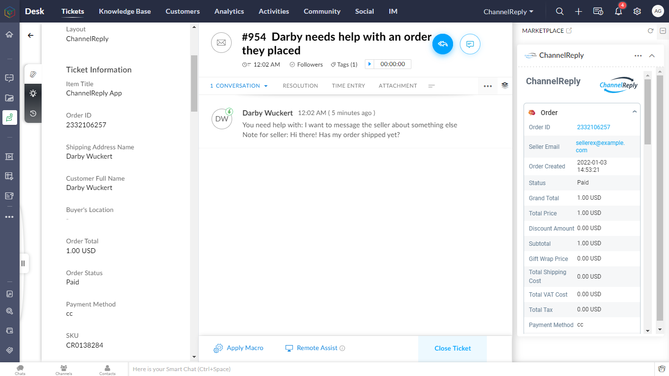 Etsy order data in Zoho Desk with ChannelReply