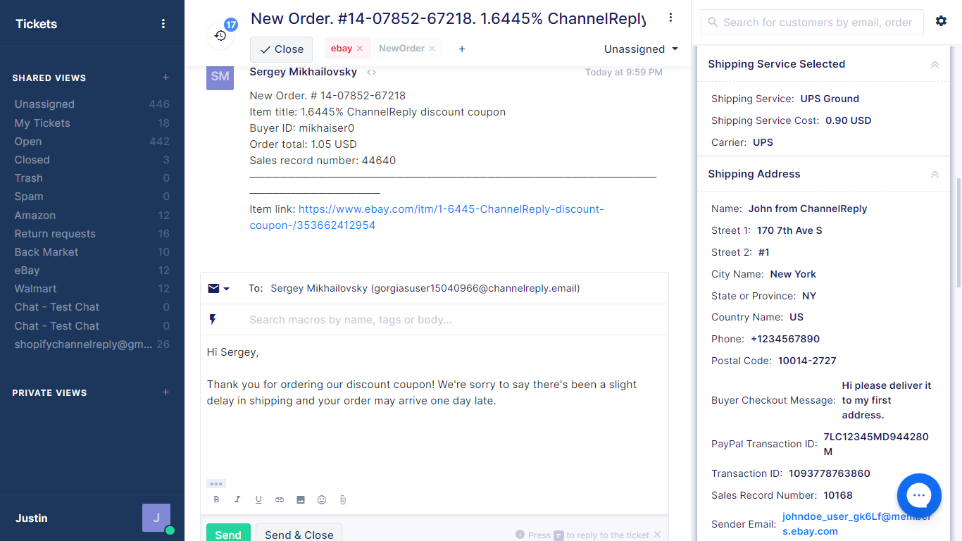 An eBay New Order Notification from ChannelReply in Gorgias