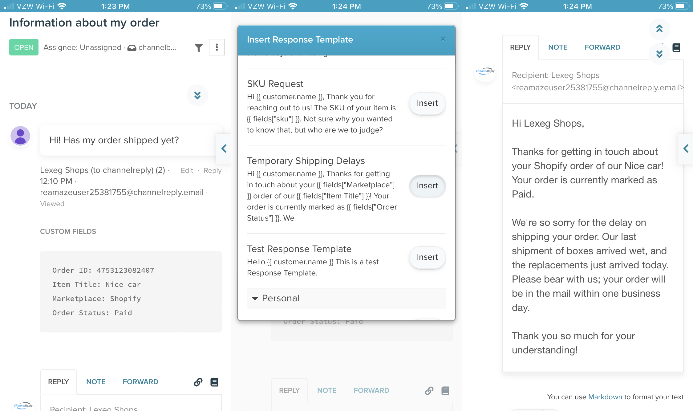 Responding to a Shopify message in Re:amaze on mobile using the same response template used for Etsy