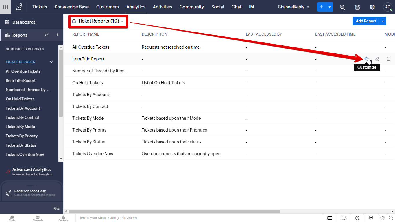 Ticket Reports category and Customize buttons