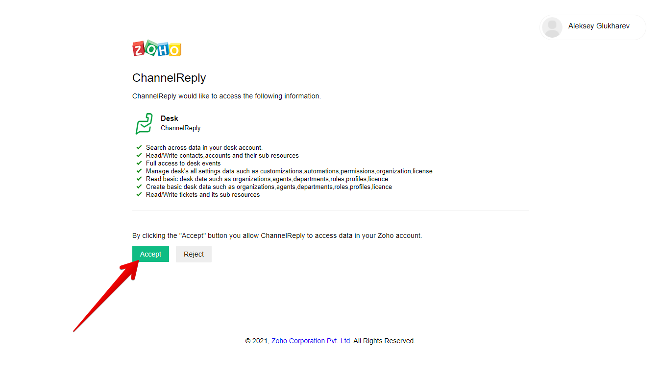 Accept button on Zoho + ChannelReply terms of use page