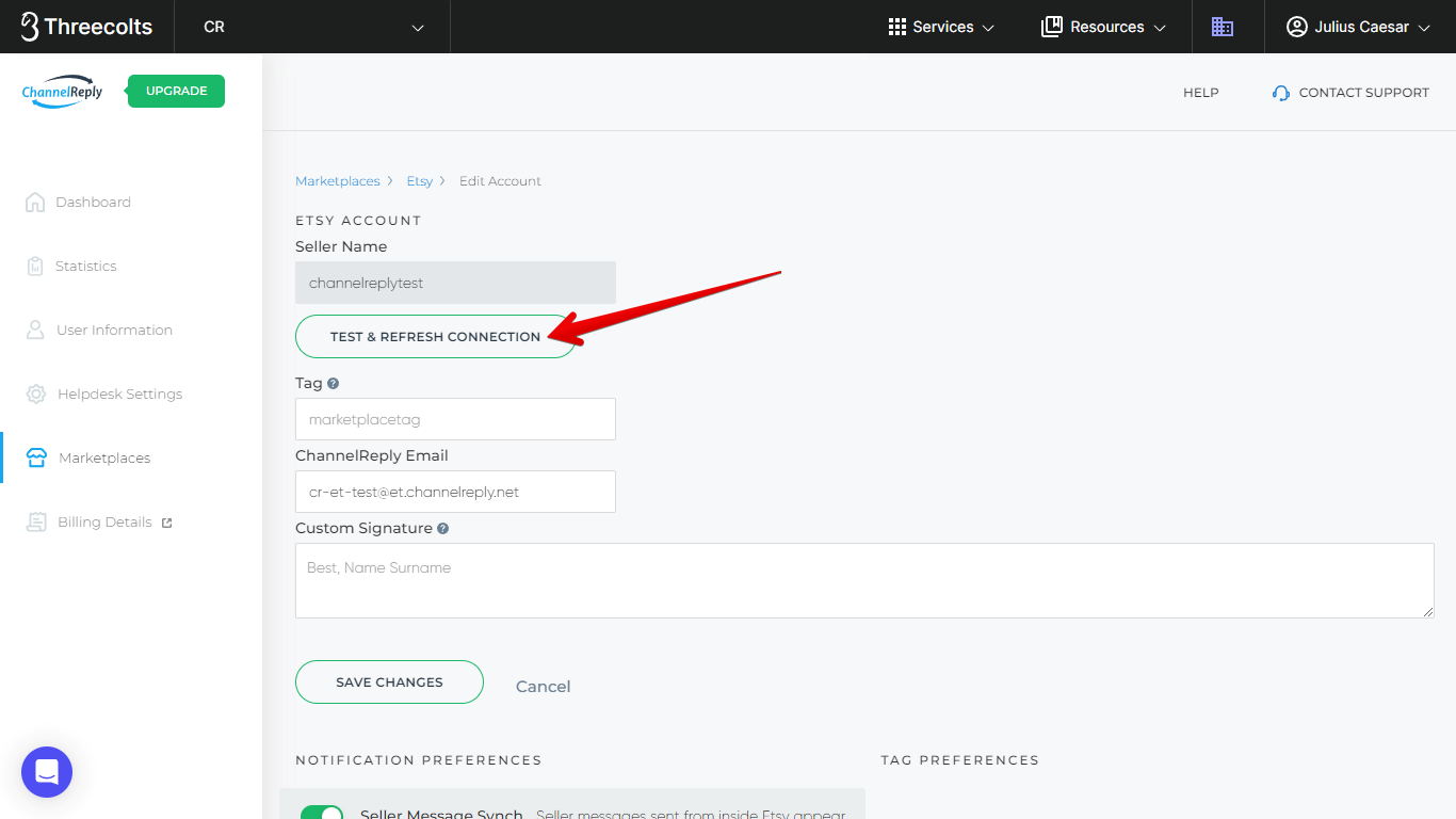 Test and Refresh Connection button