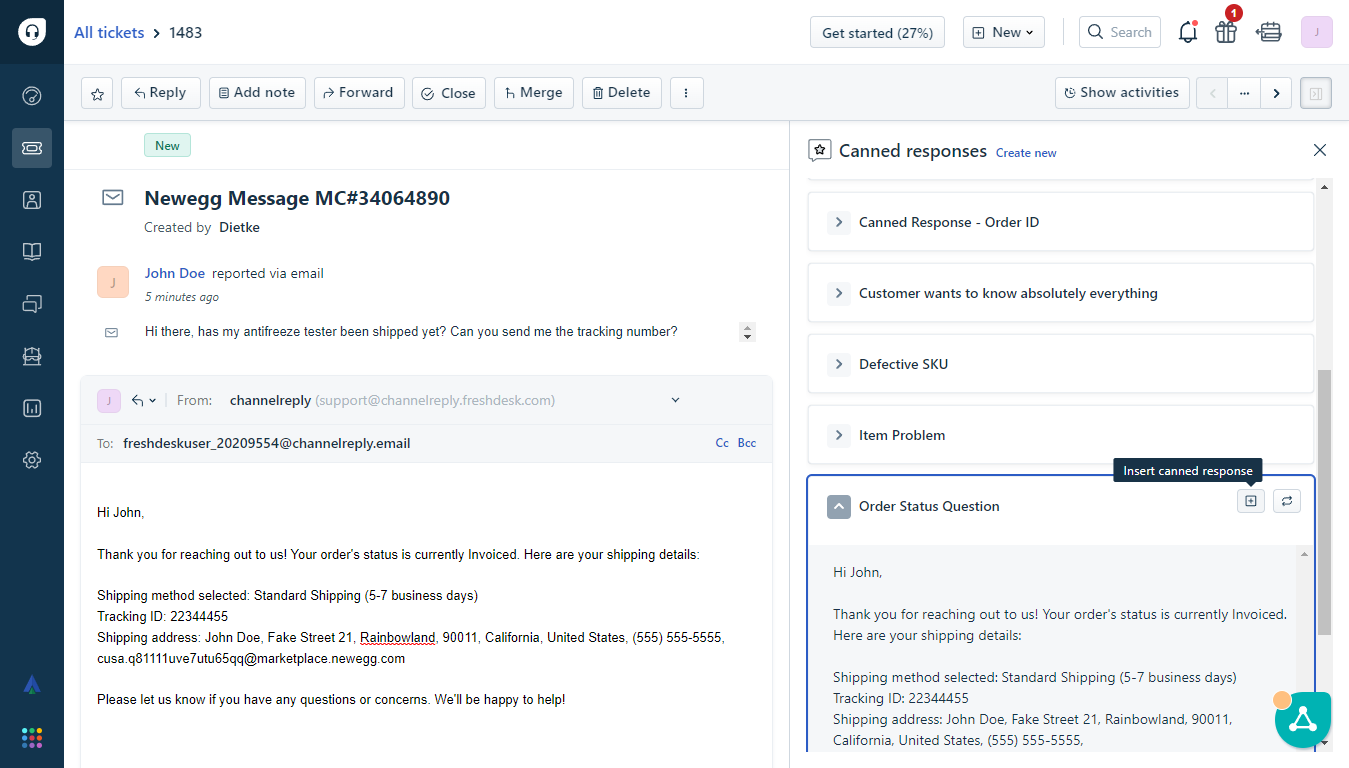 Entering a canned response on a Newegg ticket in Freshdesk