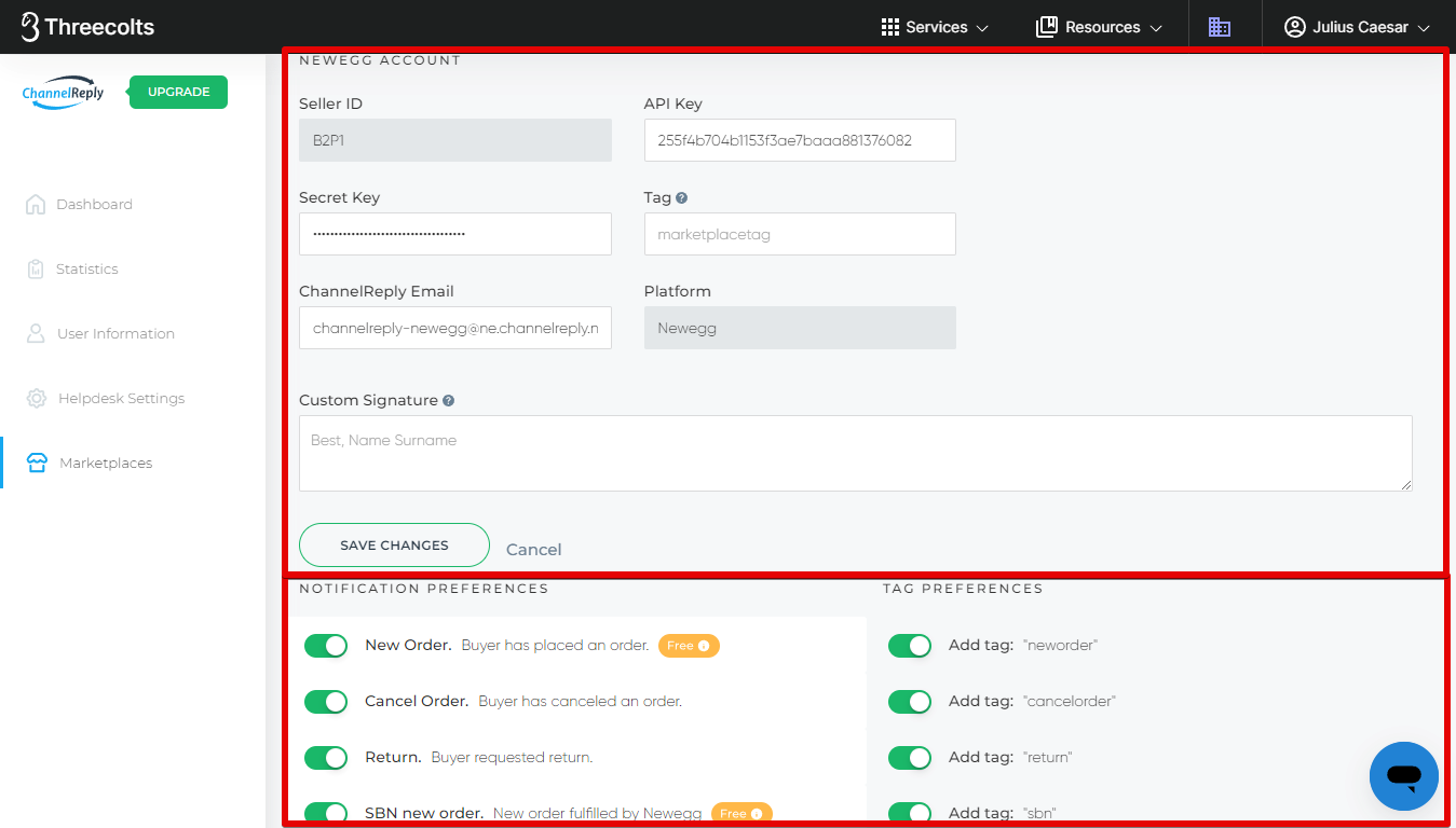 Newegg Account Settings and Notification Preferences in ChannelReply