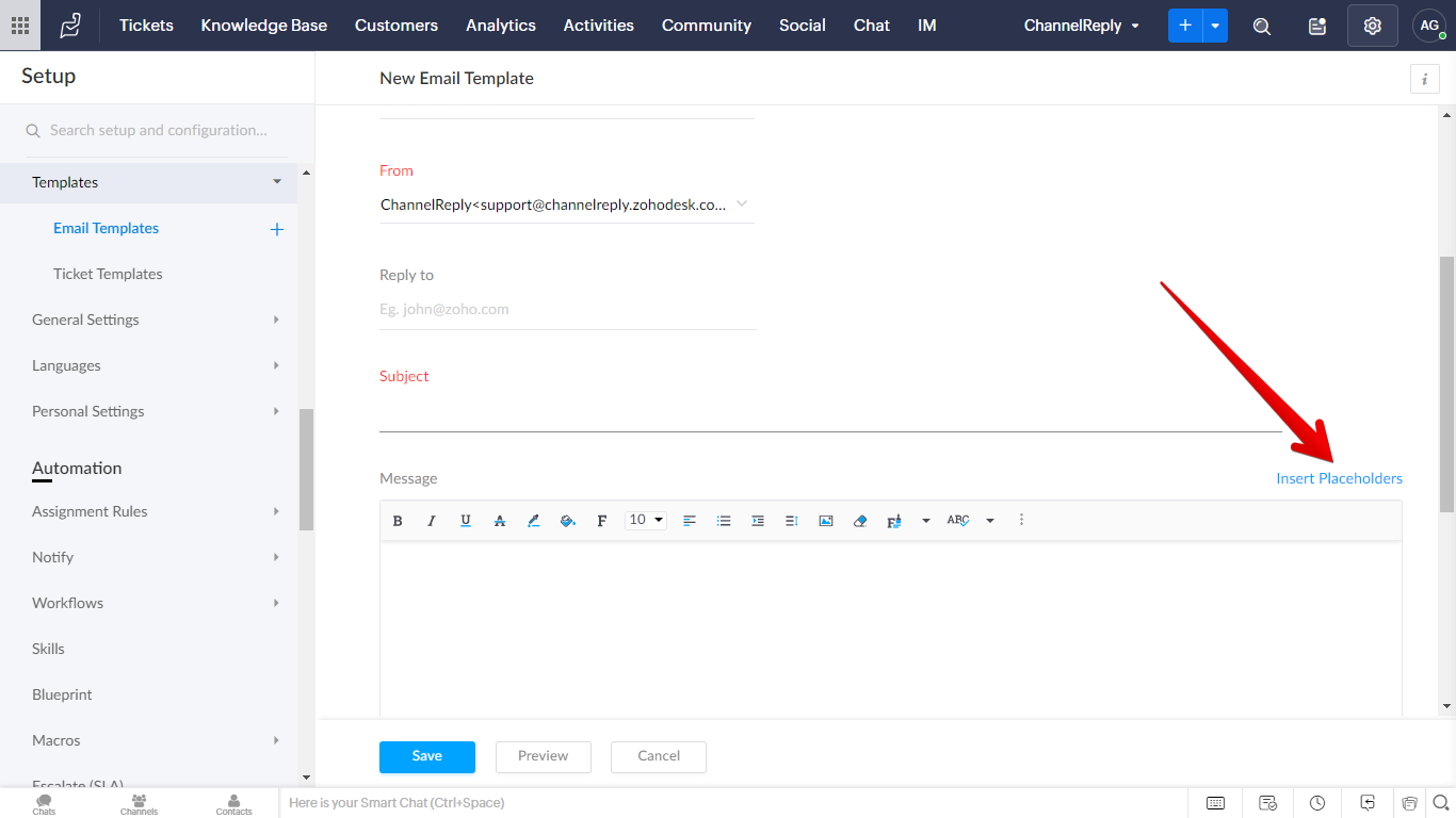 Insert Placeholders button on a Zoho Desk template