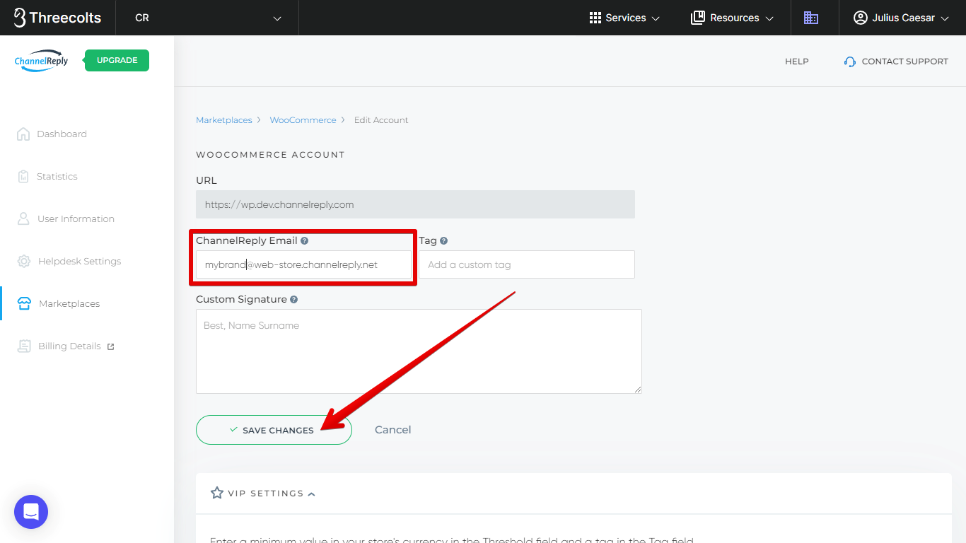 Editing the ChannelReply Email and clicking Save Changes