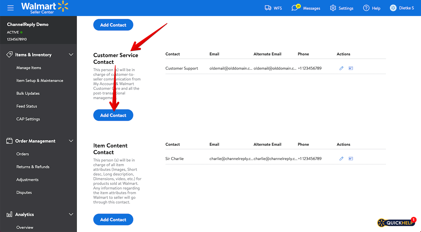 Find Customer Service Contacts and Select Add Contact