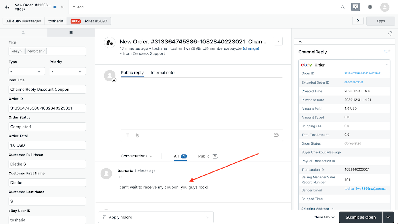eBay Message Received in Zendesk