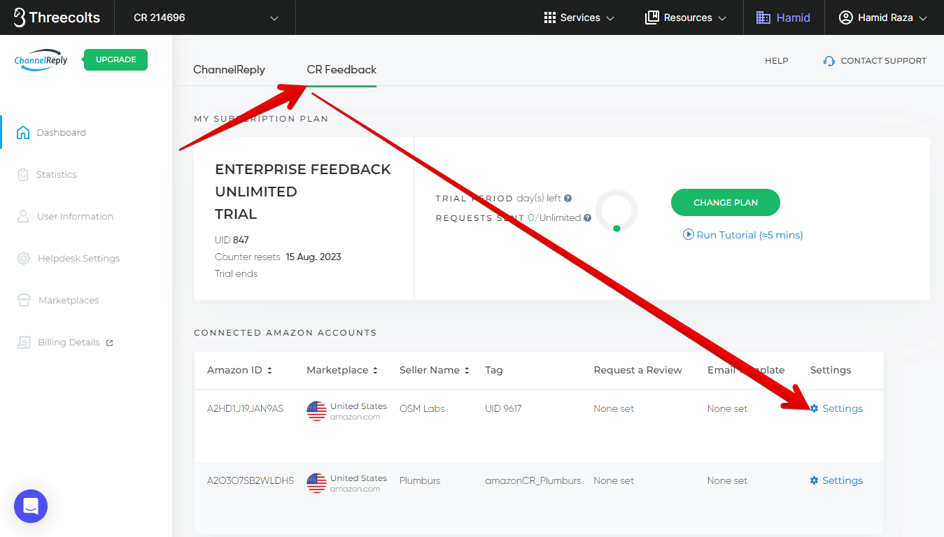 CR Feedback dashboard and Settings button for an Amazon account