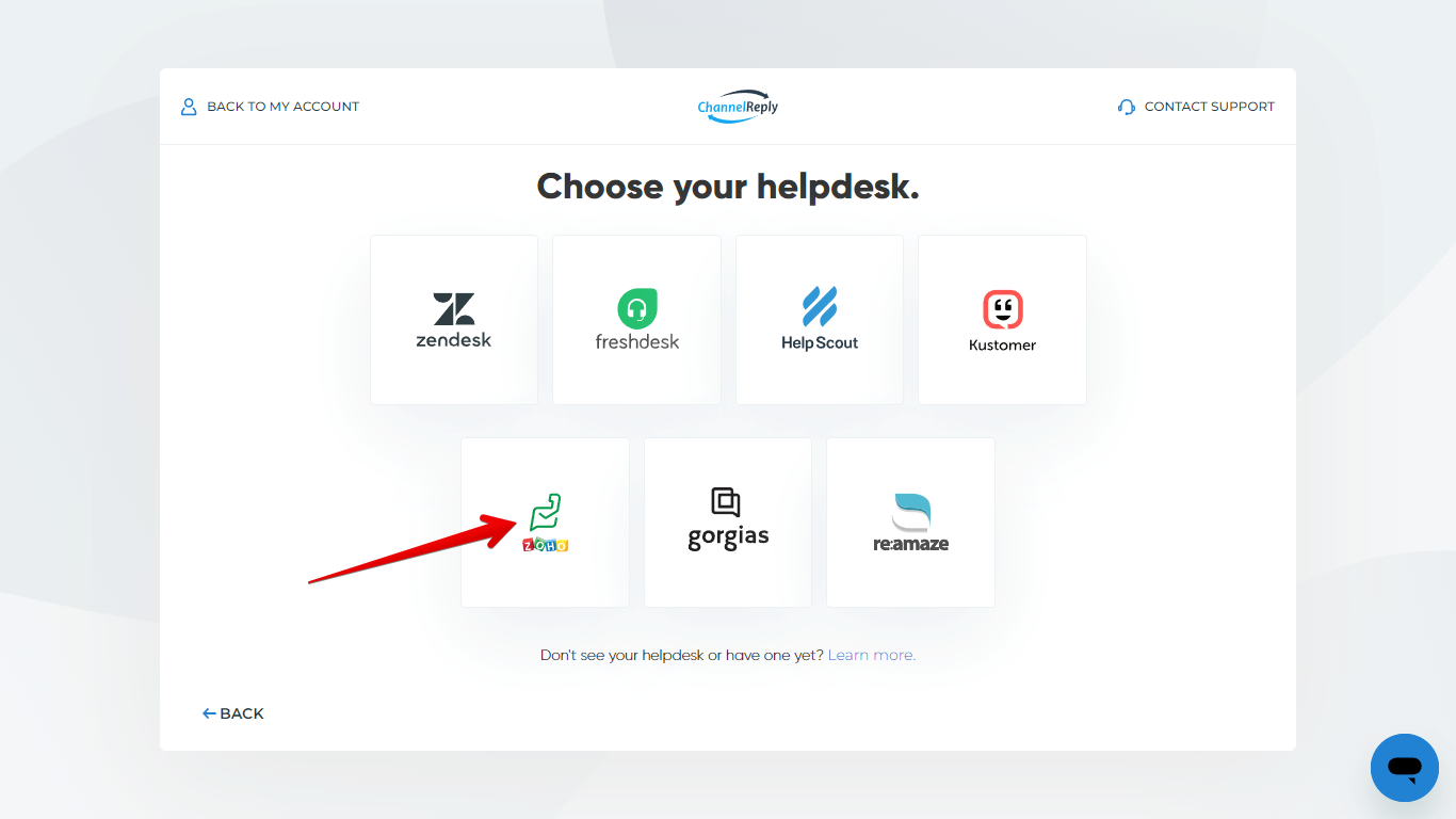 Choosing Zoho Desk during ChannelReply account setup